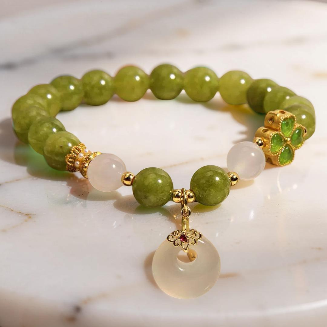 Bracelet Tourmaline Verte et Jade – Trèfle Porte-Chance