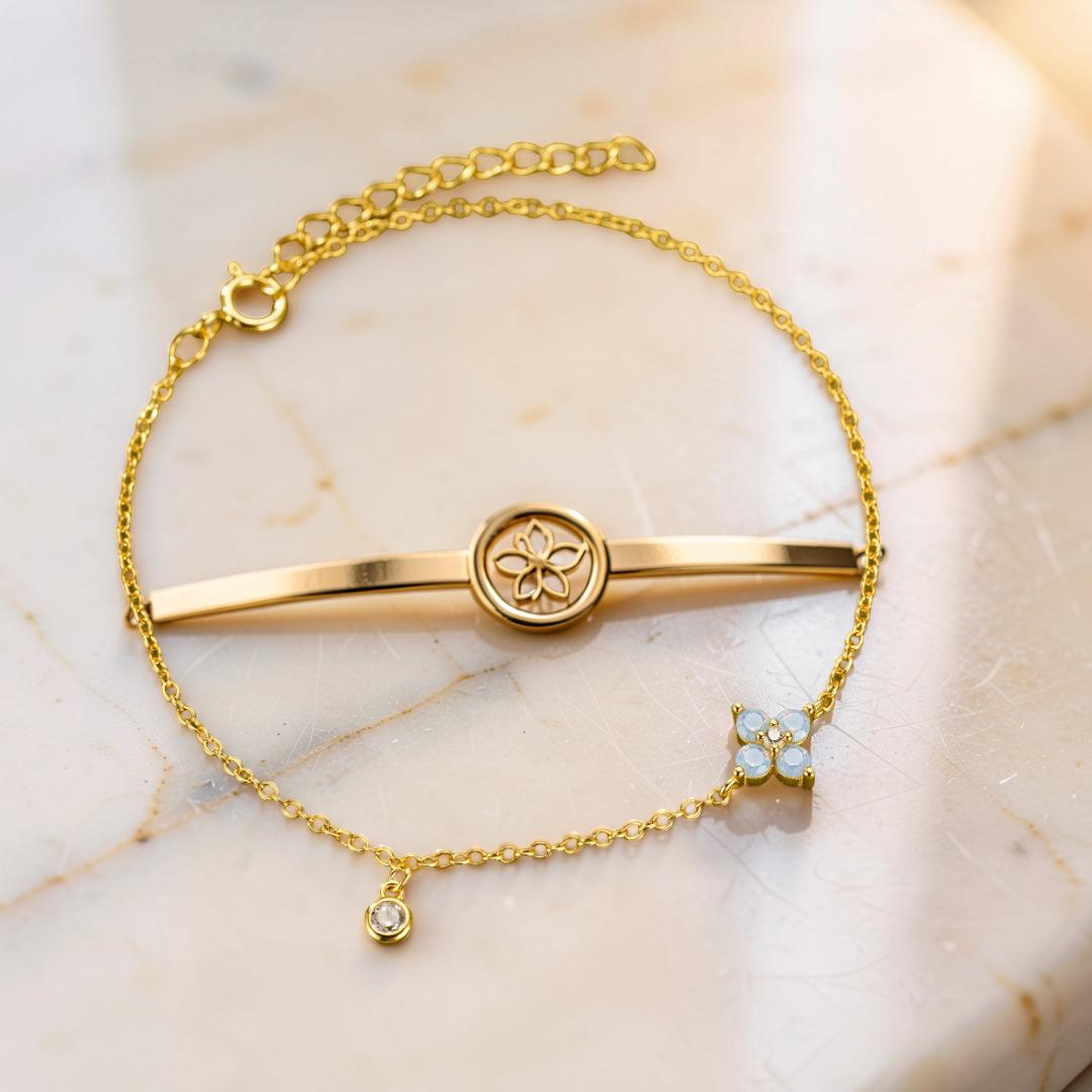 Bracelet Fleur Opale – Pétale Radieux, Argent Plaqué Or