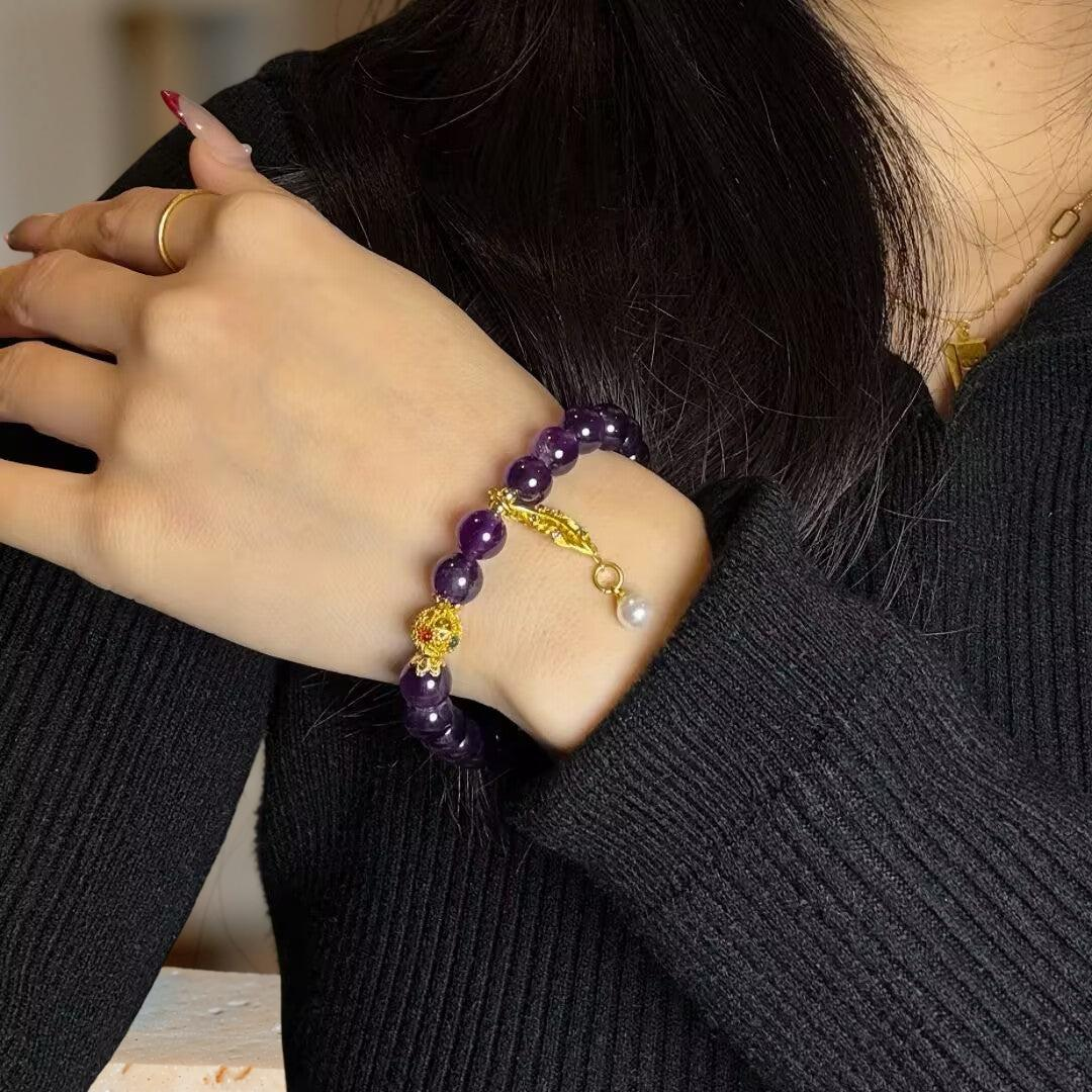 Bracelet Améthyste et Perle – Feuille Dorée