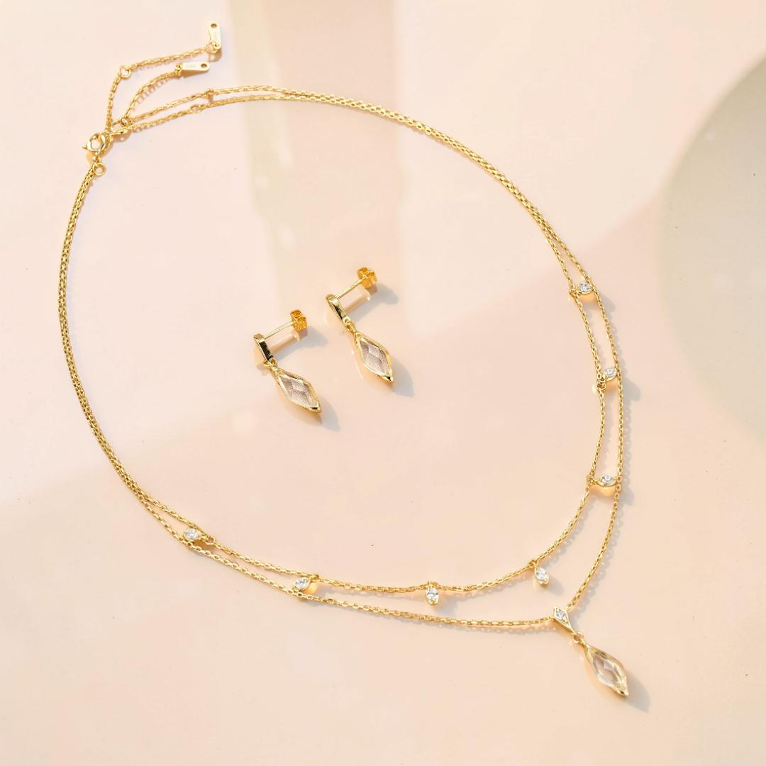 Boucles d'Oreilles Cristal de Roche – Pluie Dorée, Argent Plaqué Or 14K