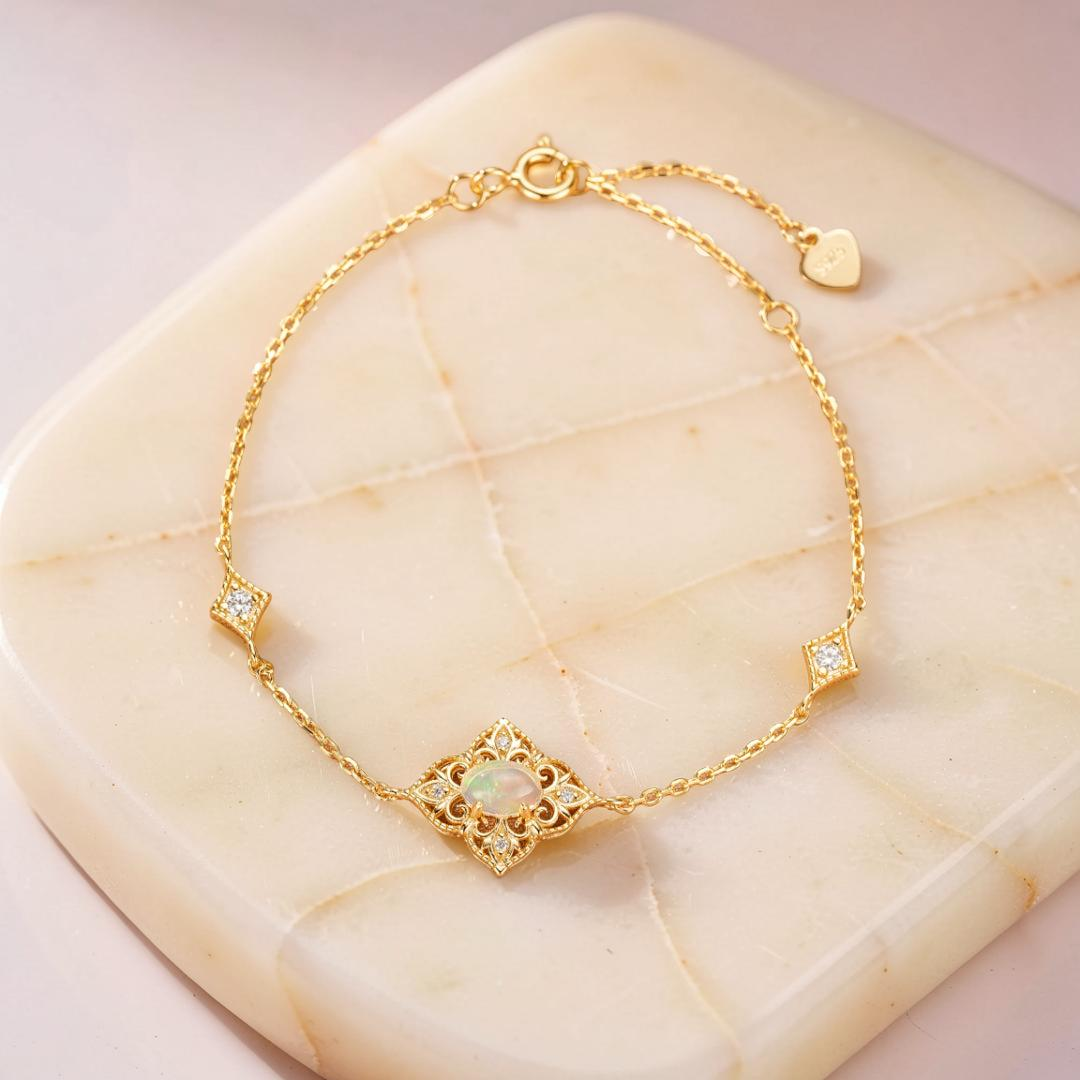 Bracelet Opale – Lumière Bohème, Argent Plaqué Or 10K