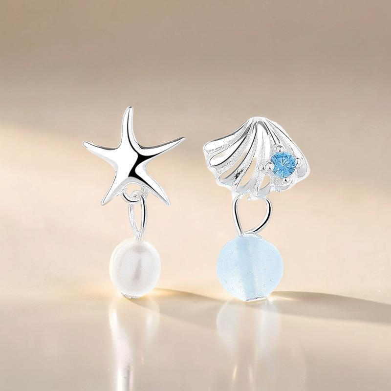 Boucles d'oreilles Aigue marine et Perle – Étoile de l'Océan, Argent
