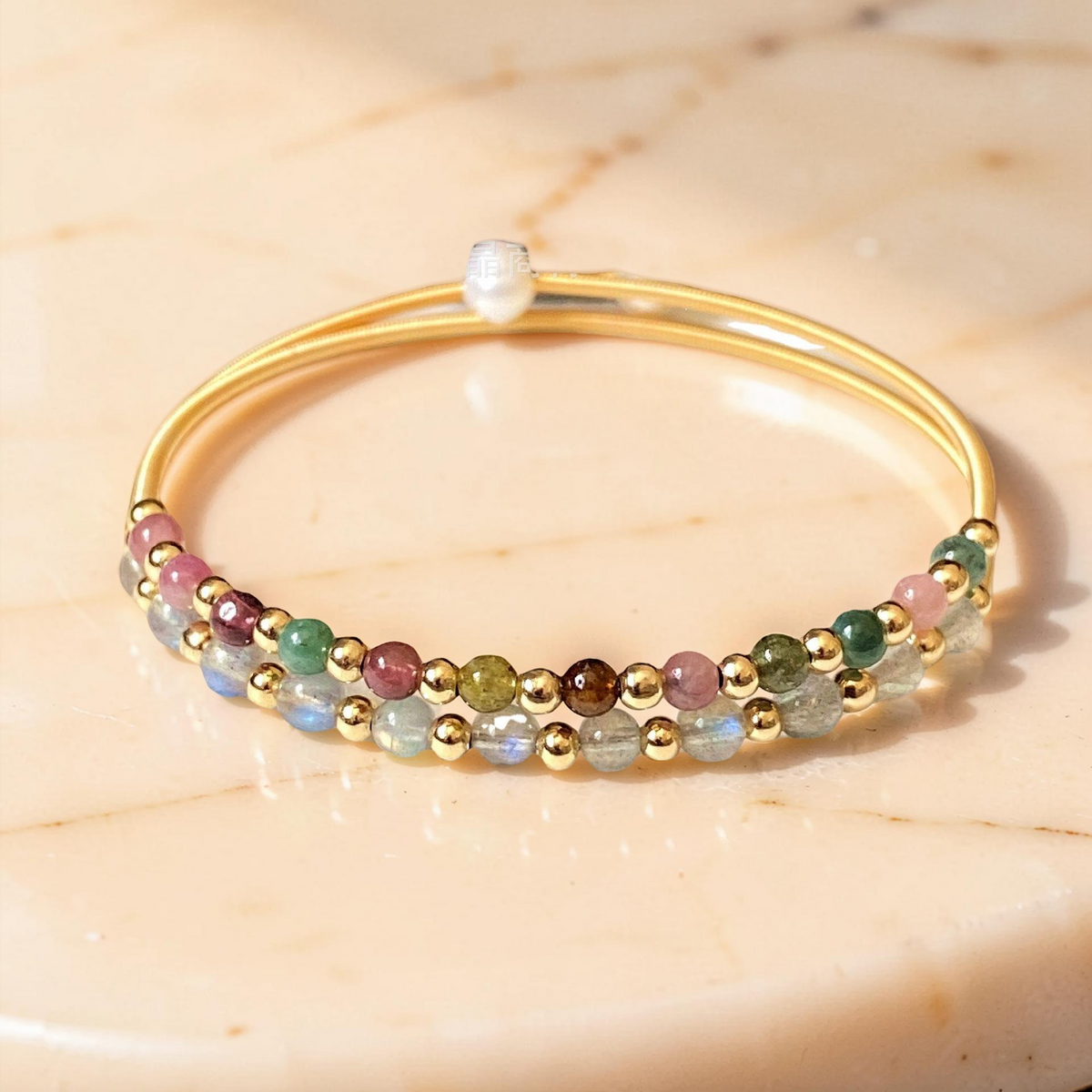 Bracelet Labradorite et Tourmaline – Symphonie Minérale, Plaqué Or 14K