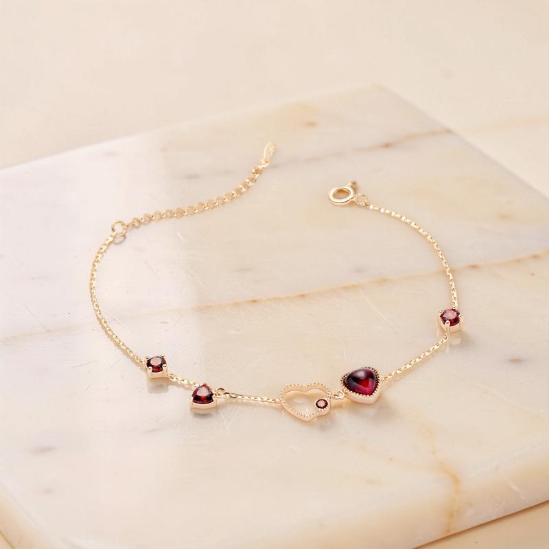 Bracelet Grenat – Cœur Passionné, Argent Plaqué Or 14K