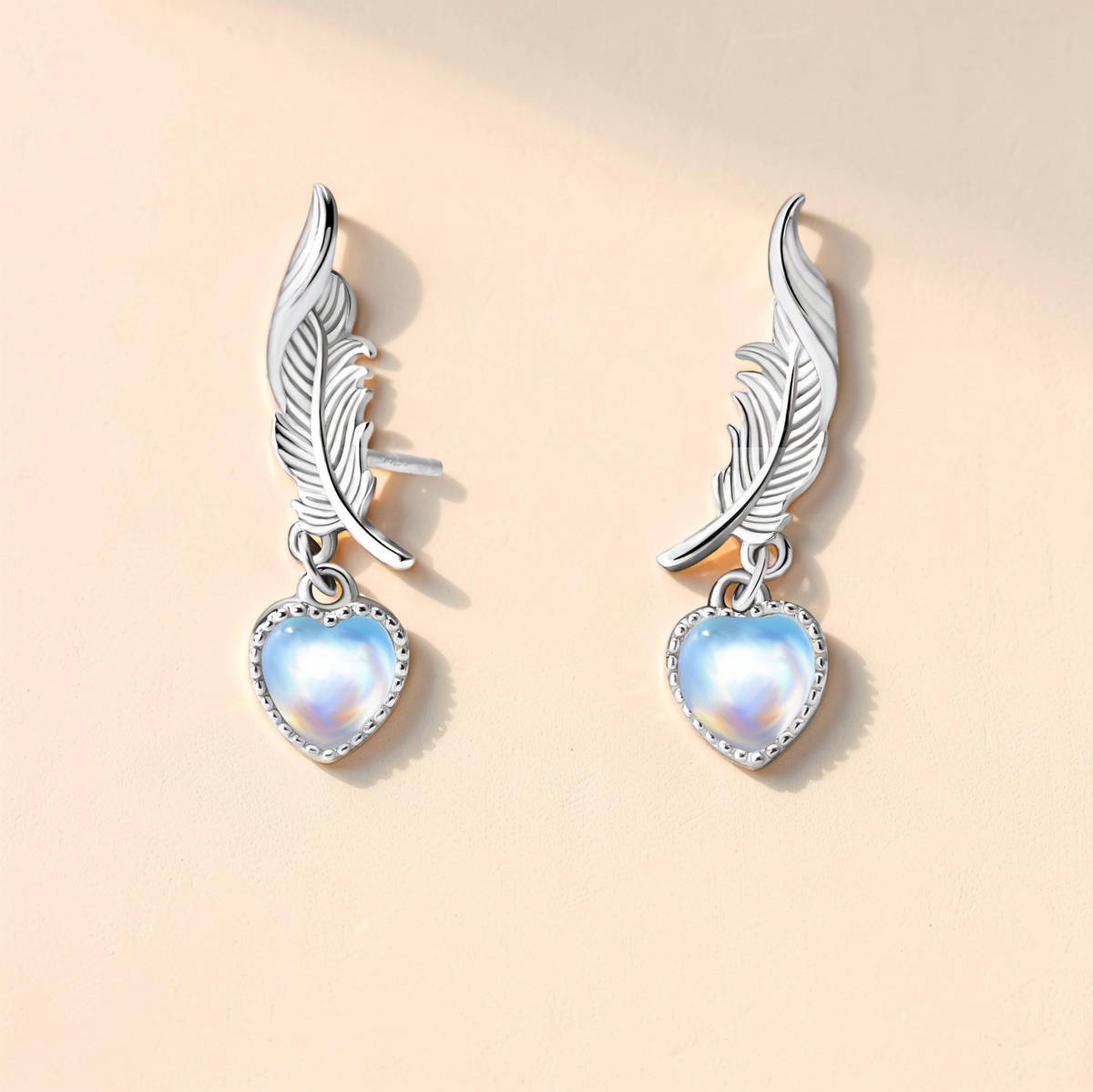 Boucles d'Oreilles Pierre de Lune – Plume Céleste, Argent
