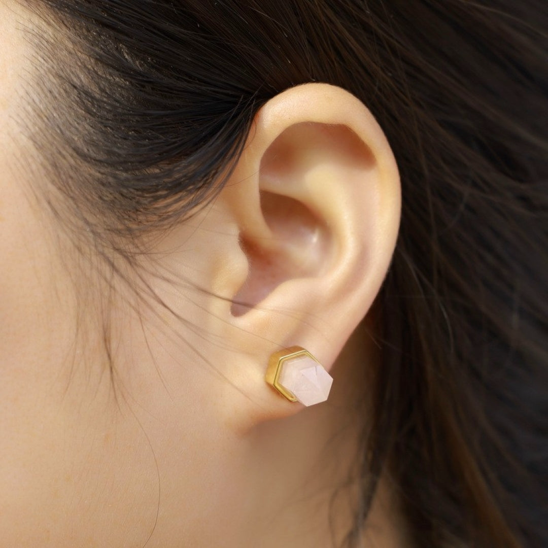Boucles d’oreilles Quartz Rose – Point de Lumière, Argent Plaqué Or 10K