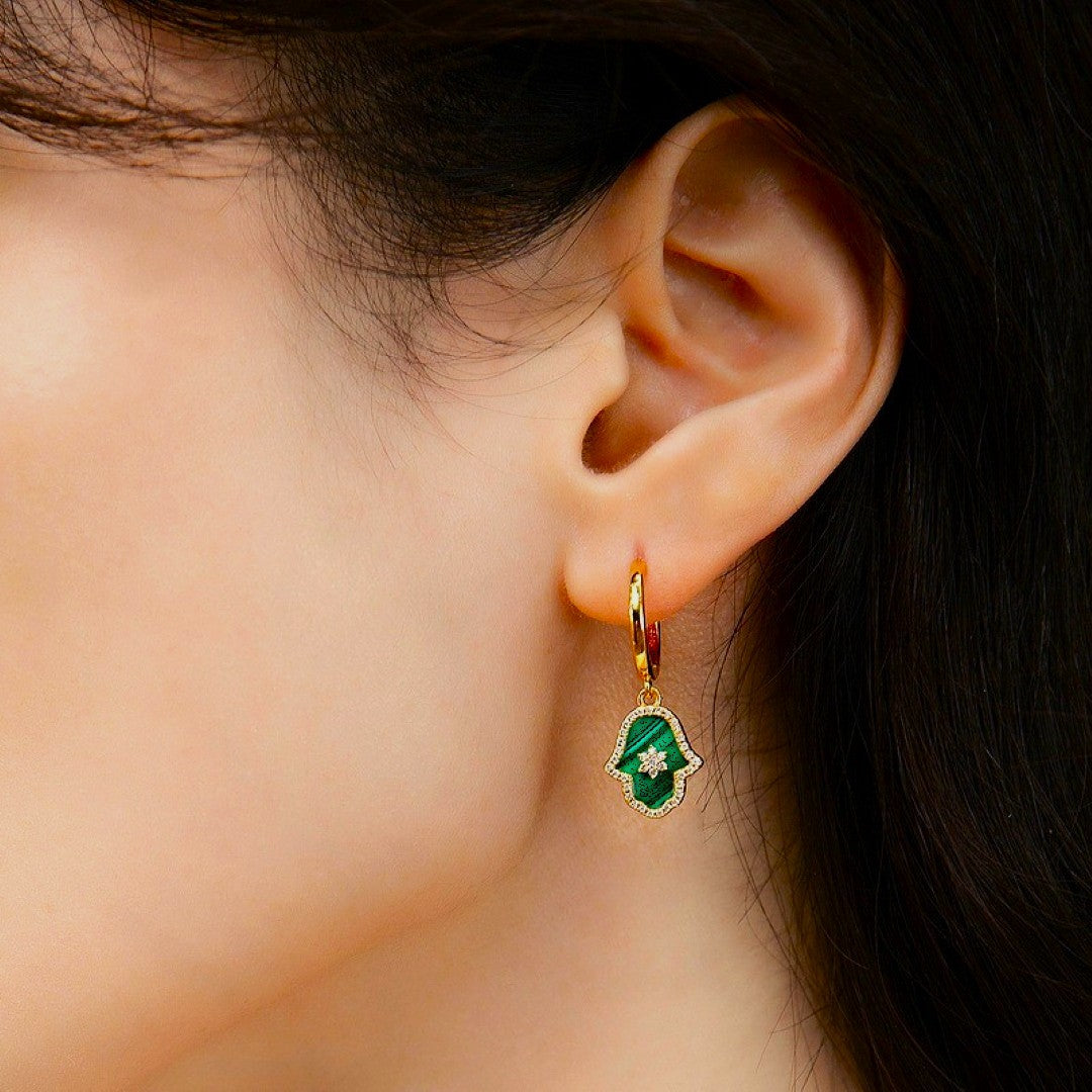 Boucles d’oreilles Malachite – Main de Fatma Étoilée, Argent Plaqué Or
