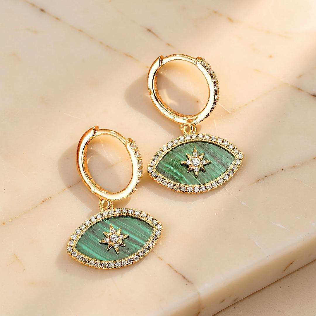 Boucles d’oreilles Malachite – Regard Solaire, Argent Plaqué Or