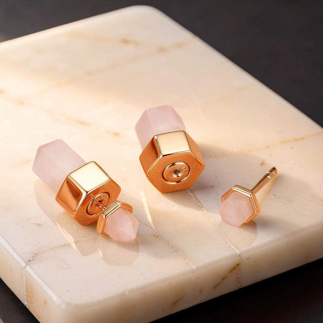 Boucles d’oreilles Quartz Rose – Point de Lumière, Argent Plaqué Or 10K