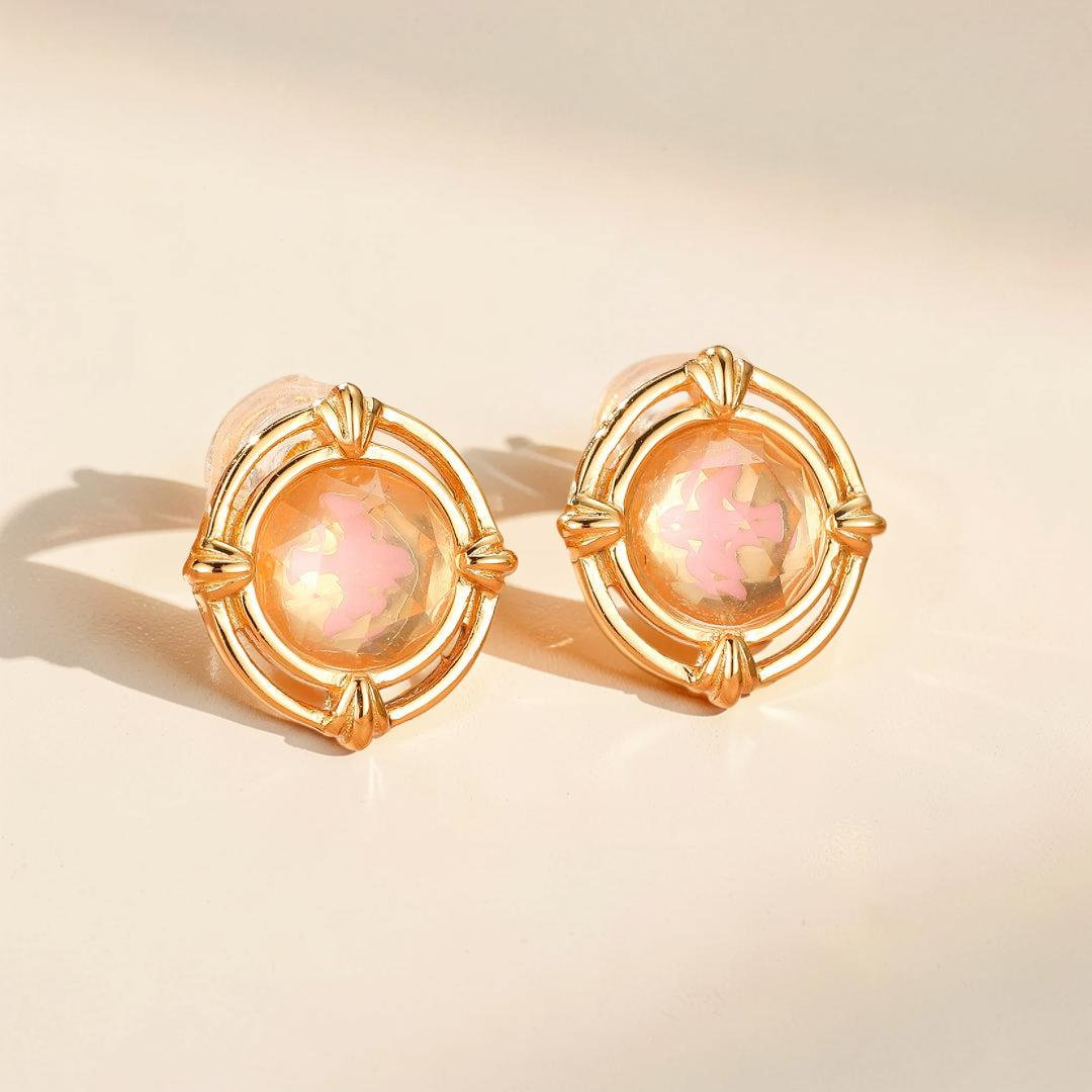 Boucles d'oreilles Quartz Rose – Aura Radieuse, Argent Plaqué Or 10K