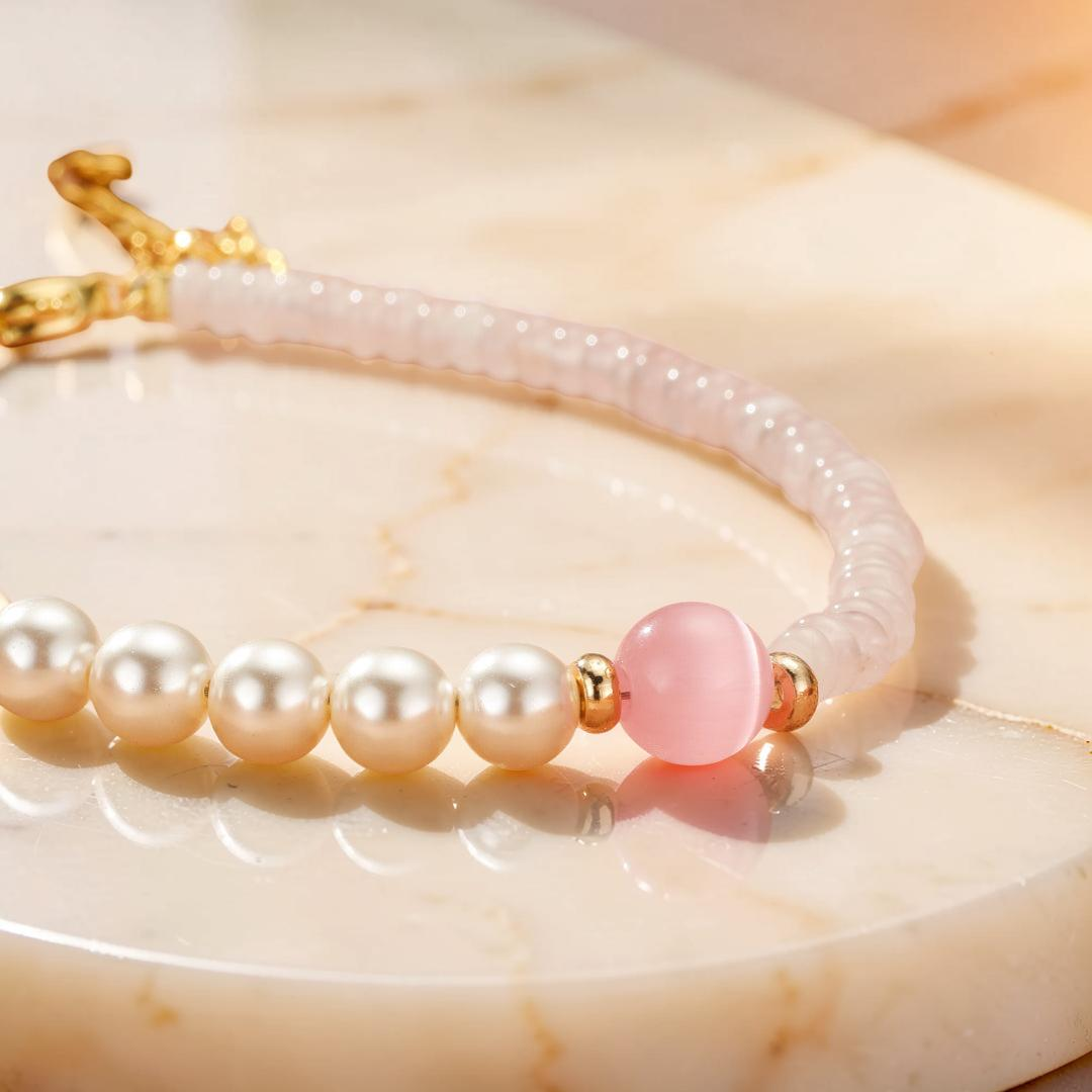 Bracelet Quartz Rose et Perles – Douceur Féline