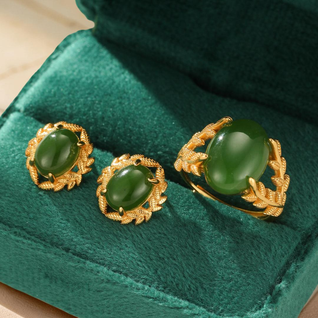 Boucles d'Oreilles Jade – Reine de Jade, Argent Plaqué Or