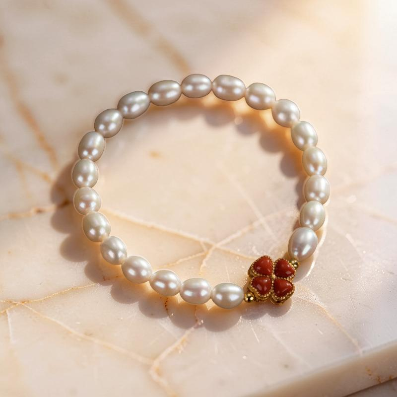 Bracelet Perle – Trèfle Charmant, Argent Plaqué Or
