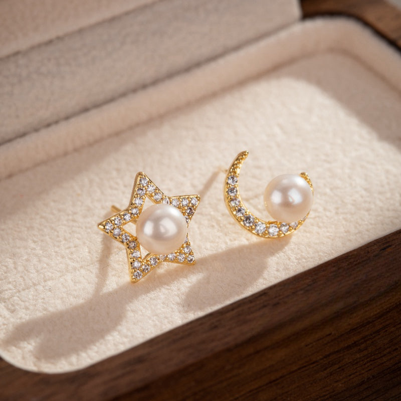 Boucles d'Oreilles Perle – Étoile Lunaire, Plaqué Or