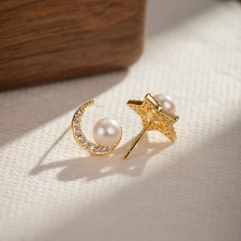 Boucles d'Oreilles Perle – Étoile Lunaire, Plaqué Or