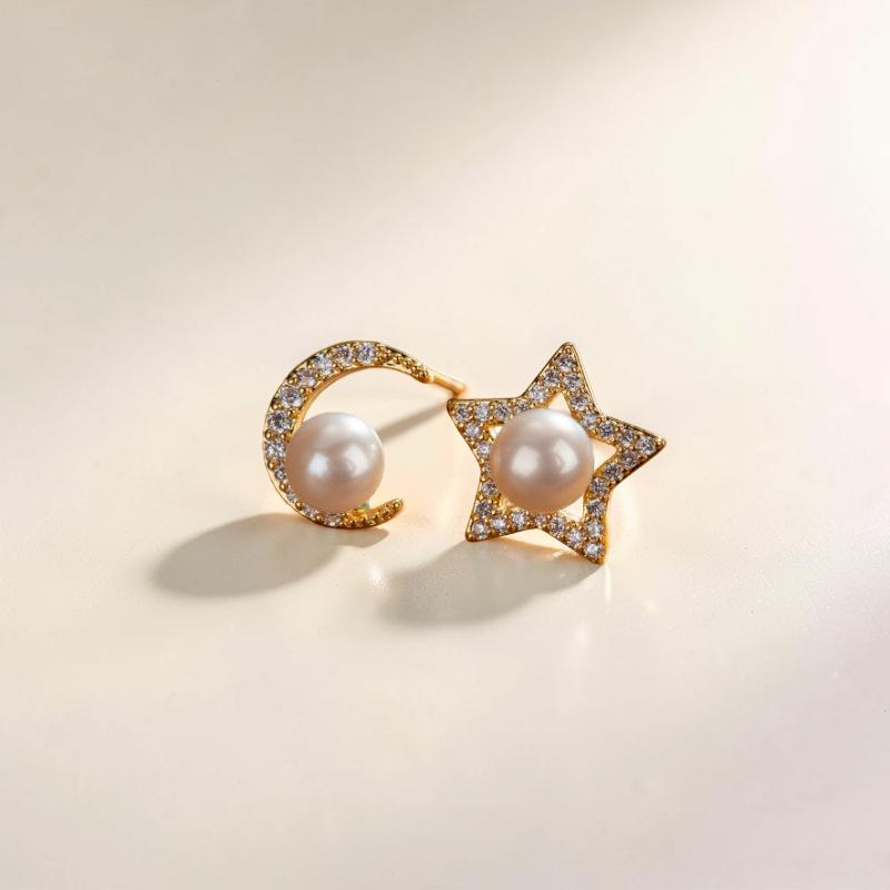 Boucles d'Oreilles Perle – Étoile Lunaire, Plaqué Or
