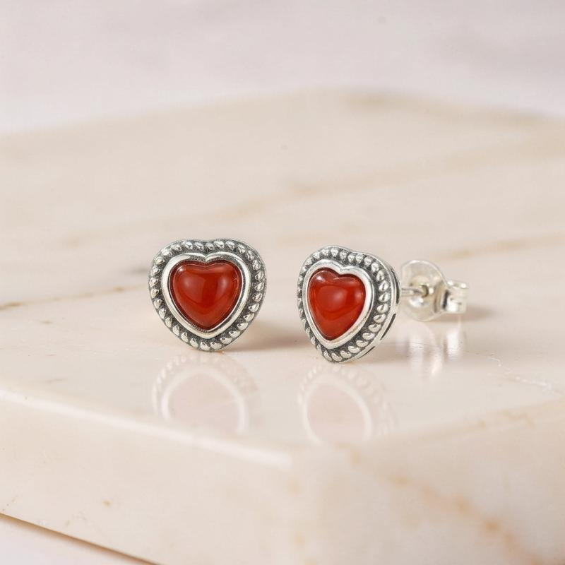 Boucles d'Oreilles Agate Rouge – Cœur Passion, Argent