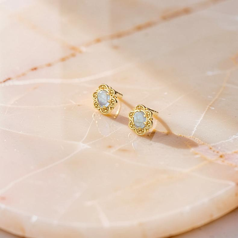 Boucles d'Oreilles Aigue Marine – Aura Marine, Argent Plaqué Or