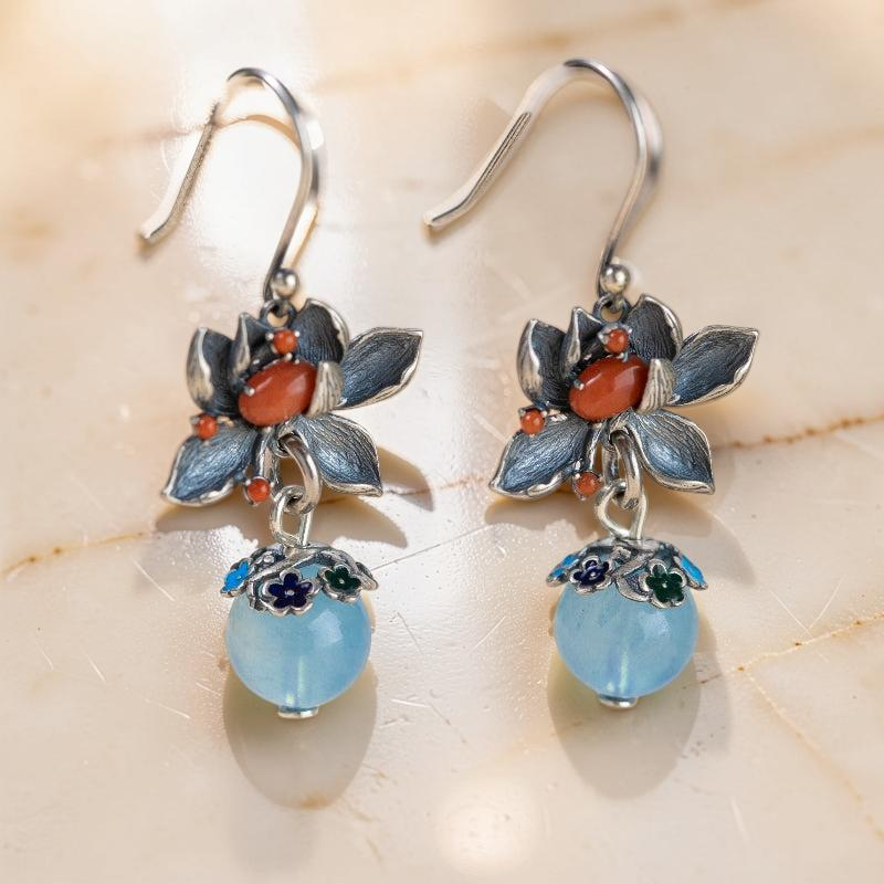 Boucles d'Oreilles Aigue Marine – Lotus Sérénité, Argent