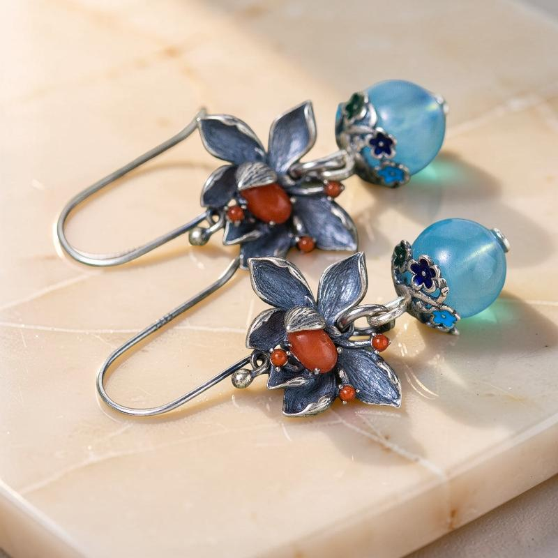 Boucles d'Oreilles Aigue Marine – Lotus Sérénité, Argent
