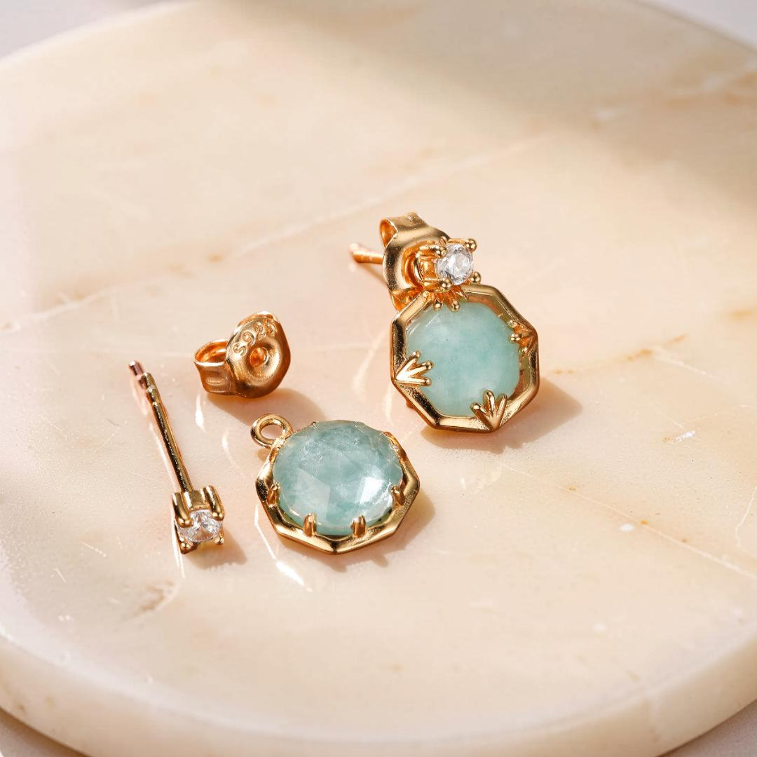 Boucles d'Oreilles Amazonite et Cristal de Roche – Danse des Étoiles, Argent Plaqué Or