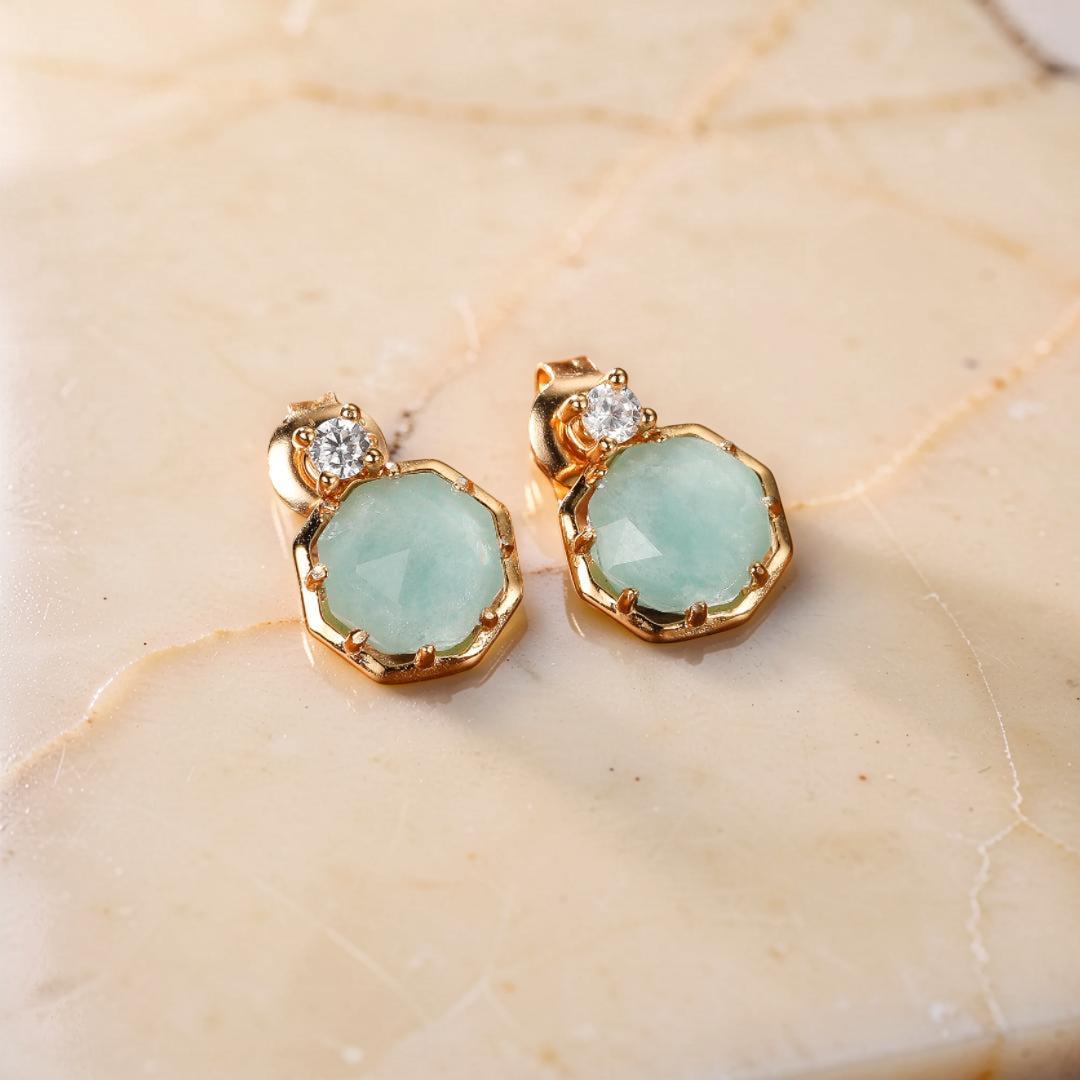 Boucles d'Oreilles Amazonite et Cristal de Roche – Danse des Étoiles, Argent Plaqué Or