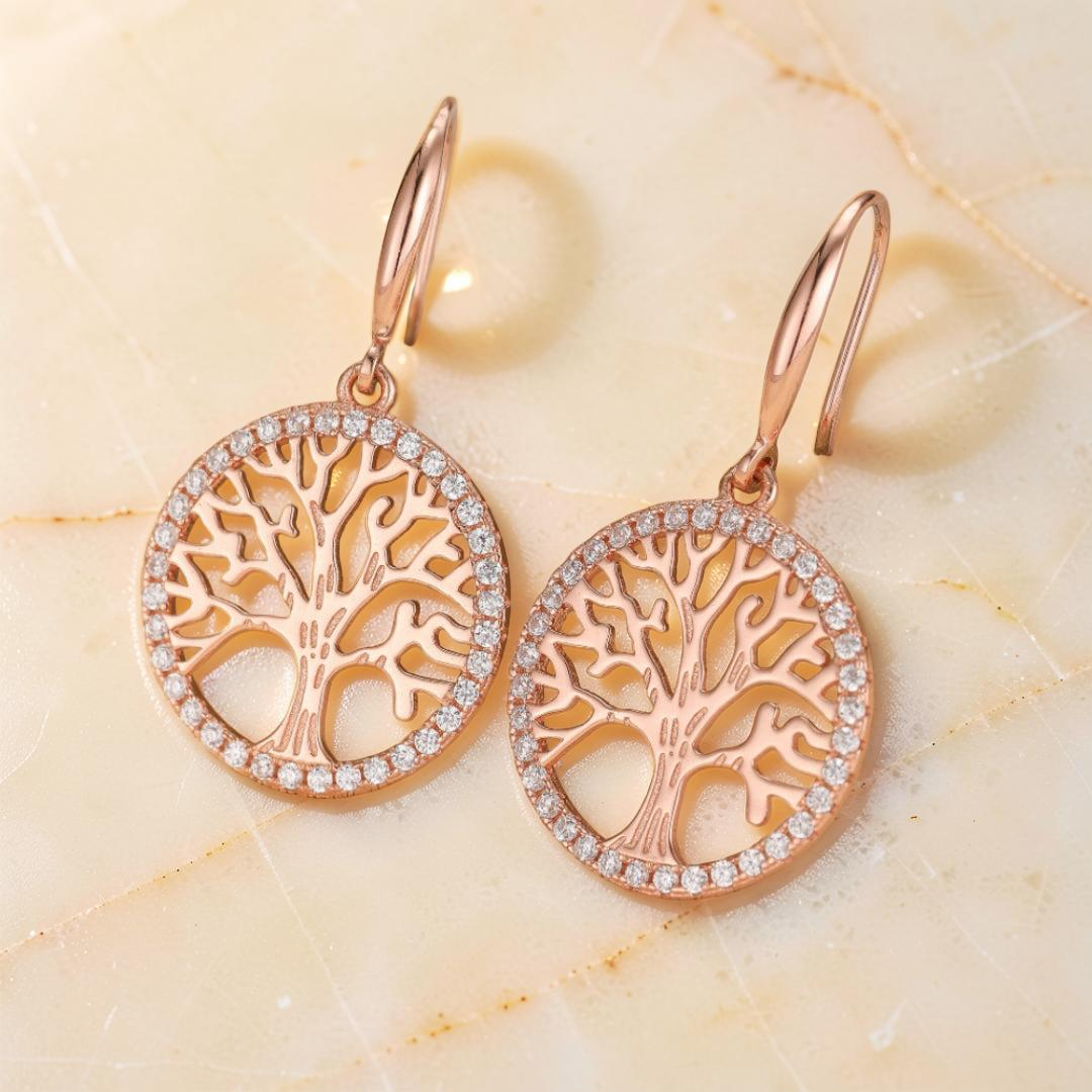 Boucles d'Oreilles Arbre de Vie – Renouveau, Argent Plaqué Or Rose