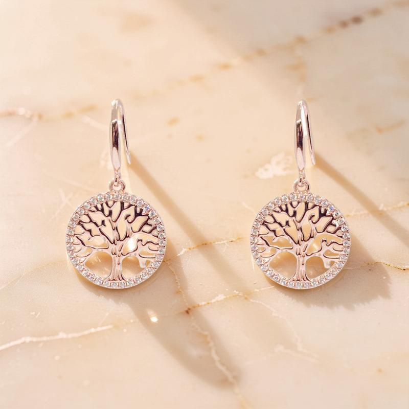 Boucles d'Oreilles Arbre de Vie – Renouveau, Argent Plaqué Or Rose