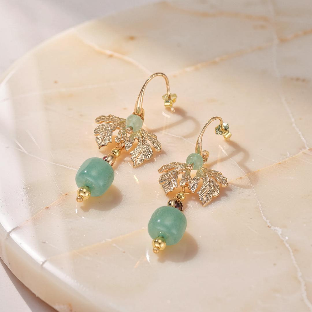 Boucles d'Oreilles Aventurine – Cœur Vert, Plaqué Or