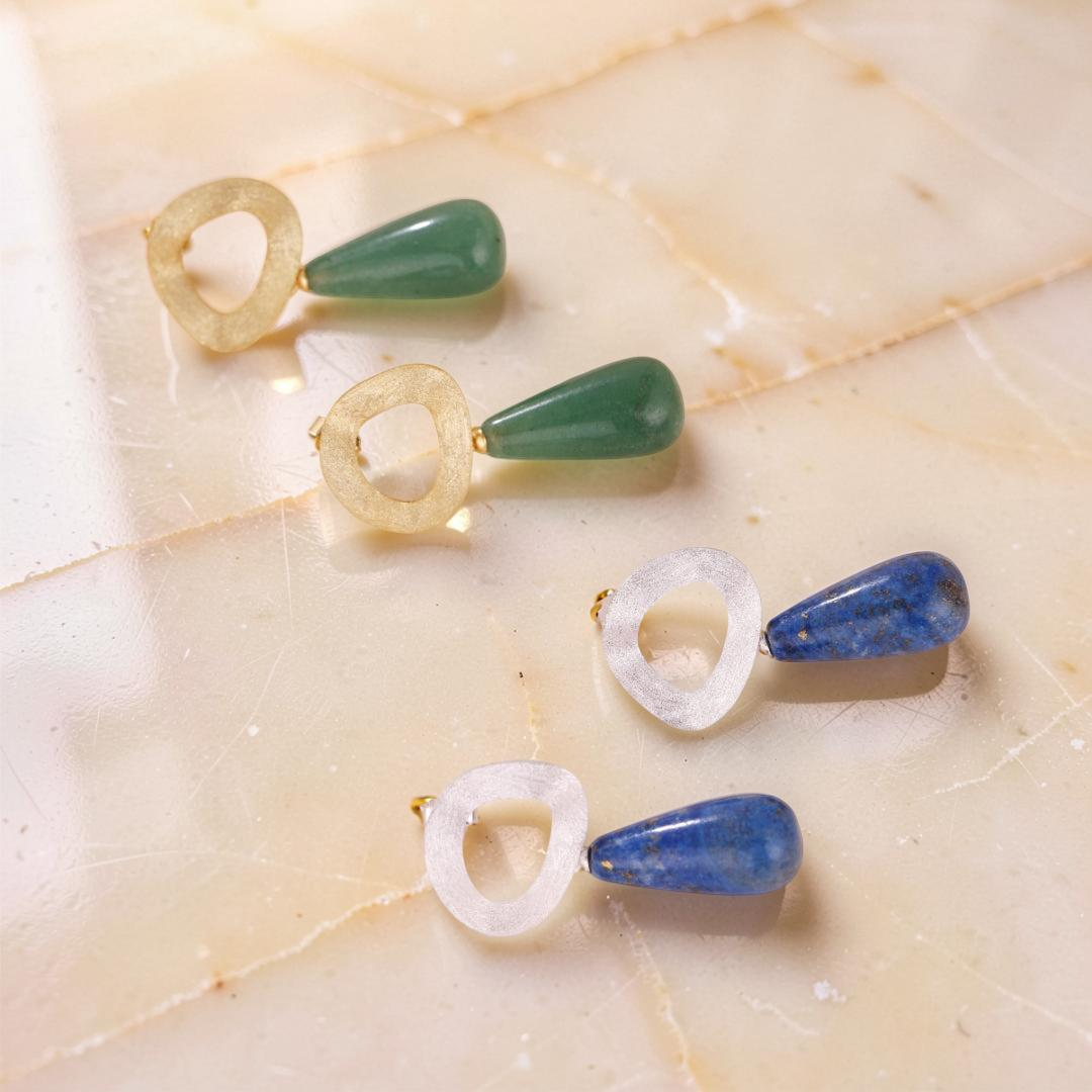 Boucles d'Oreilles Aventurine et Lapis Lazuli – Goutte Dorée, Argent Plaqué Or