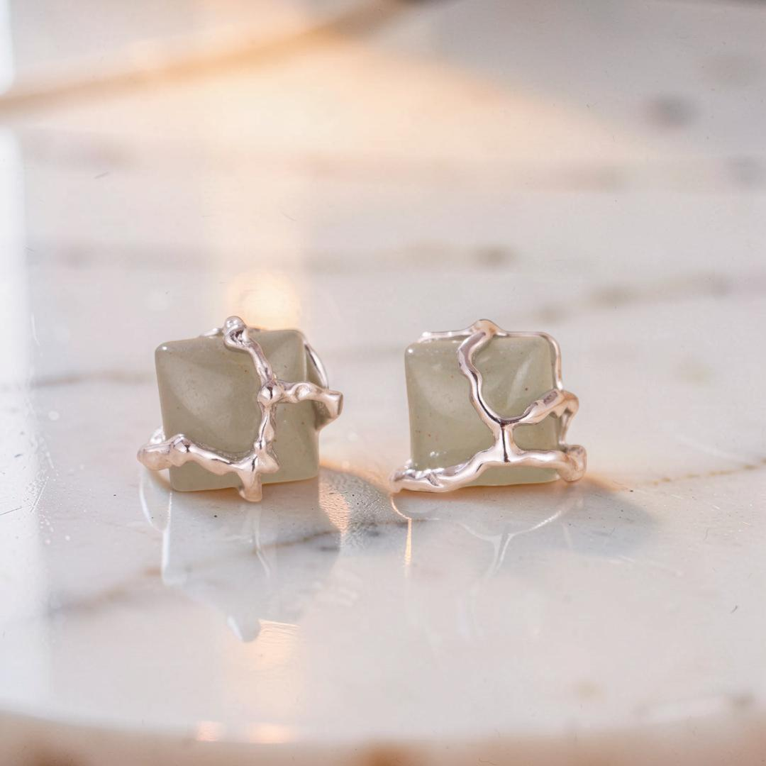 Boucles d'Oreilles Aventurine – Fleur de Sérénité, Argent