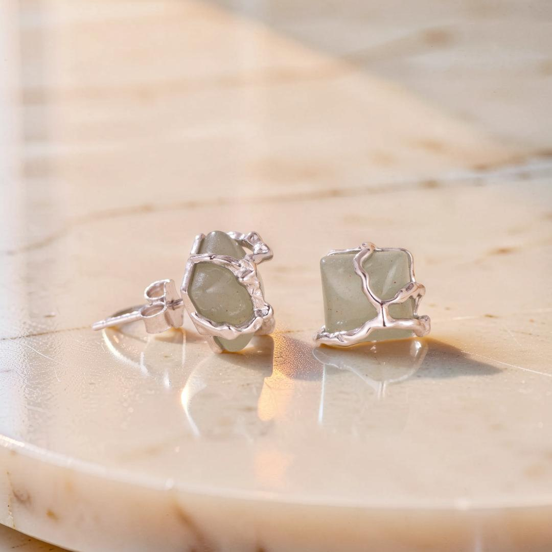 Boucles d'Oreilles Aventurine – Fleur de Sérénité, Argent