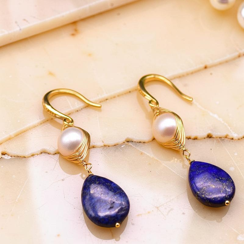 Boucles d'Oreilles Perles et Lapis Lazuli - Blanc et Bleu