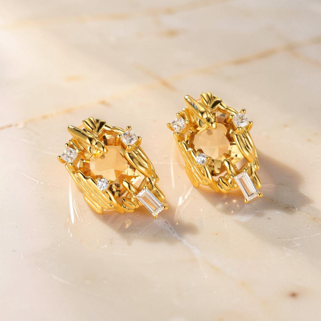 Boucles d'Oreilles Citrine – Trésor Radieux, Argent Plaqué Or
