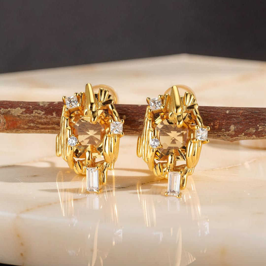 Boucles d'Oreilles Citrine – Trésor Radieux, Argent Plaqué Or
