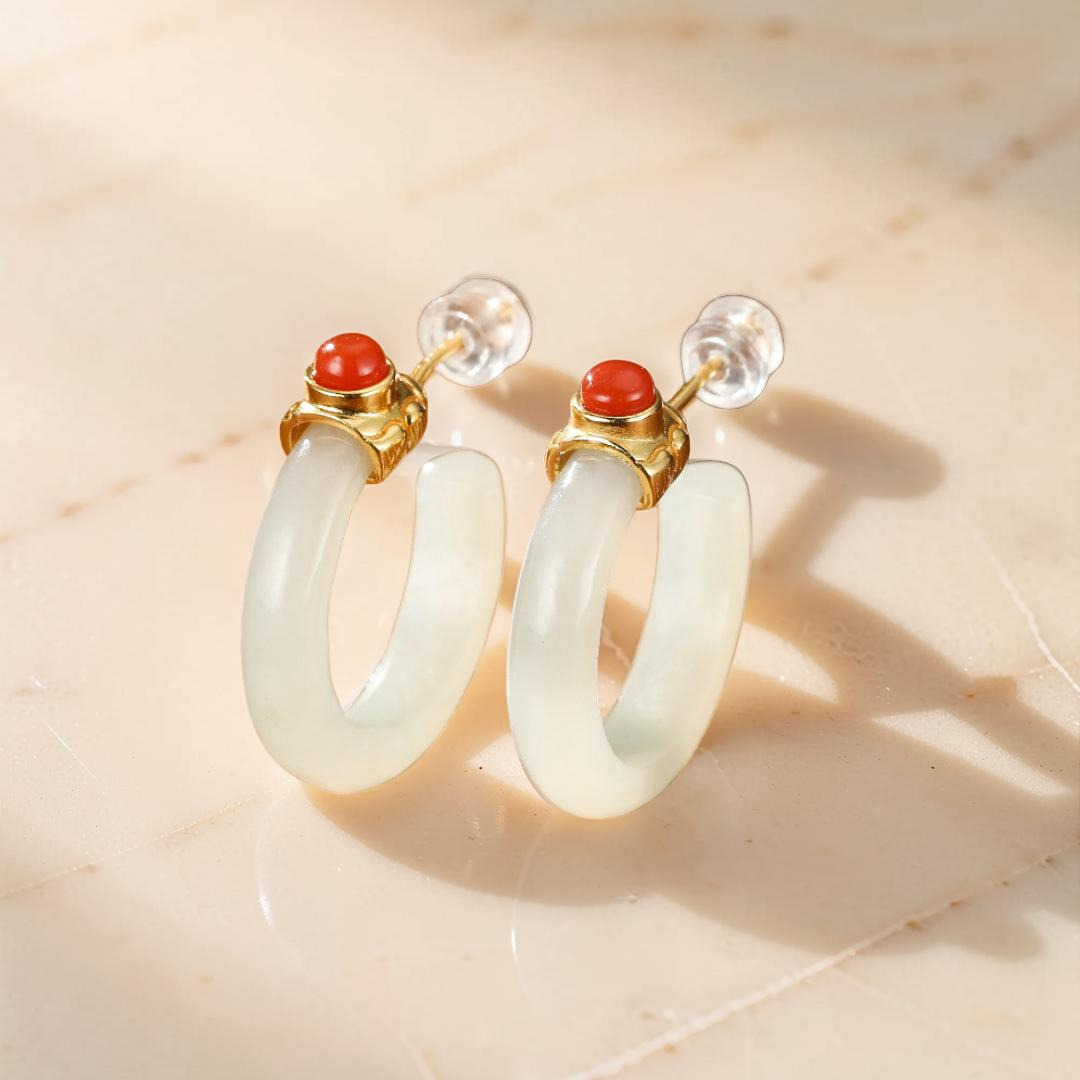 Boucles d'Oreilles Créoles Jade et Agate – Charme Antique, Argent Plaqué Or