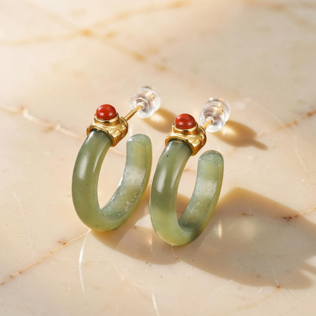 Boucles d'Oreilles Créoles Jade et Agate – Charme Antique, Argent Plaqué Or