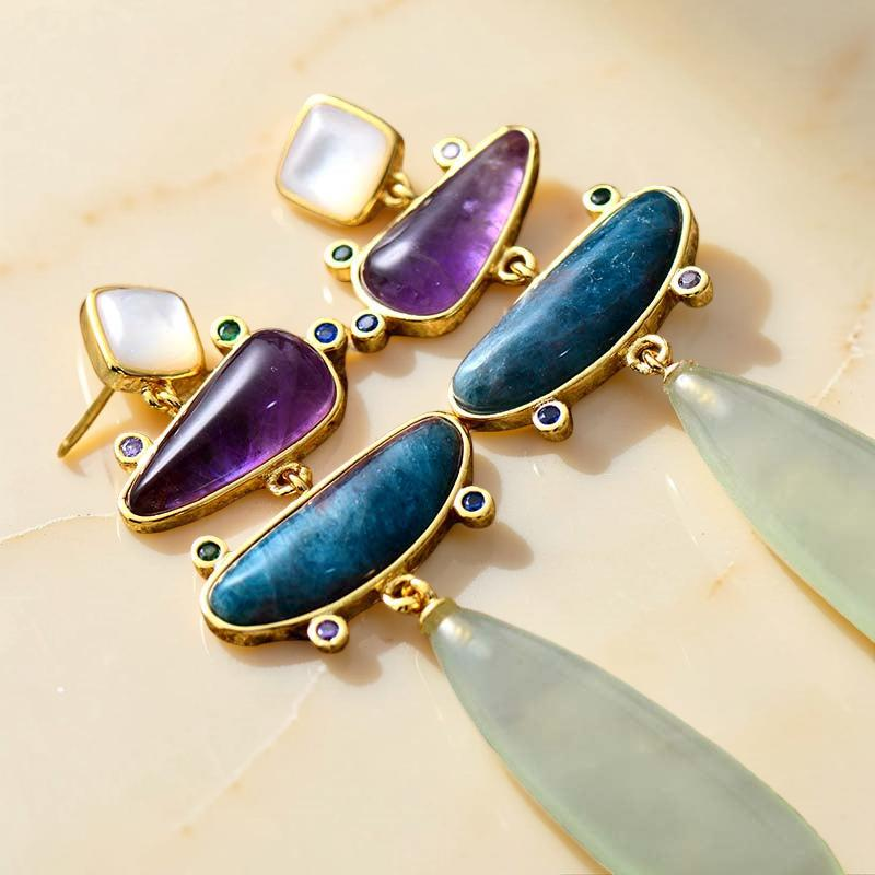 Boucles d'Oreilles Jade, Améthyste et Apatite – Éclat Serein