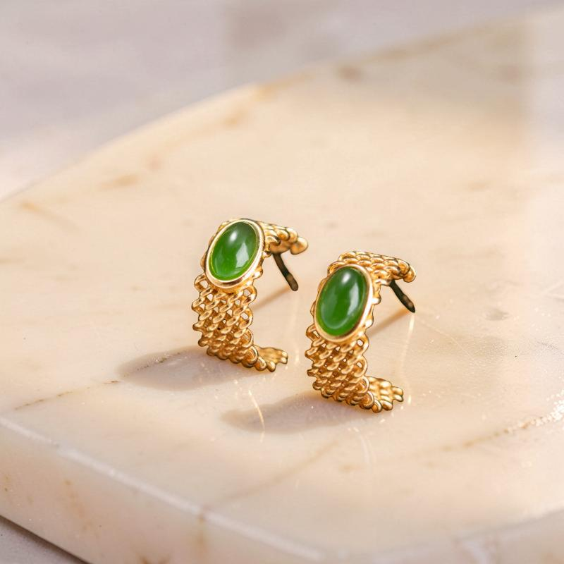 Boucles d'Oreilles Jade – Élégance Raffinée, Argent Plaqué Or