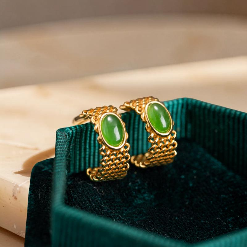 Boucles d'Oreilles Jade – Élégance Raffinée, Argent Plaqué Or