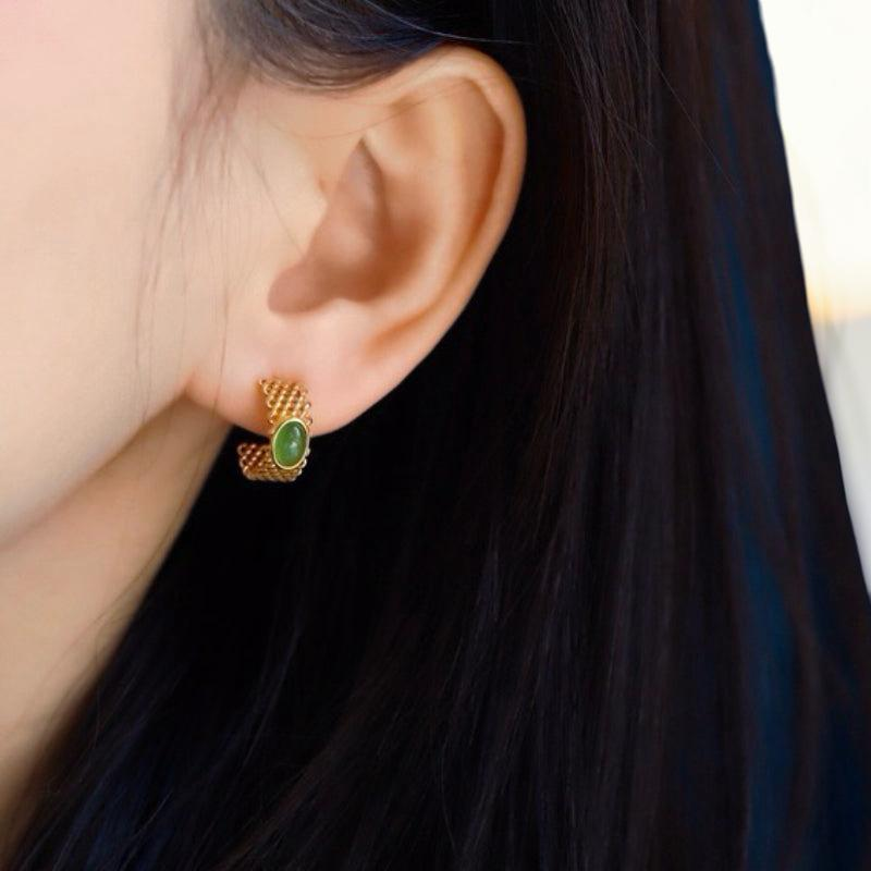 Boucles d'Oreilles Jade – Élégance Raffinée, Argent Plaqué Or