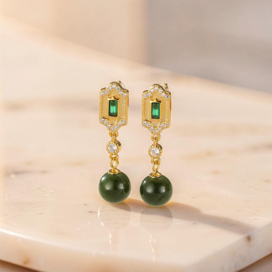Boucles d'Oreilles Jade et Émeraude – Réussite, Argent 925