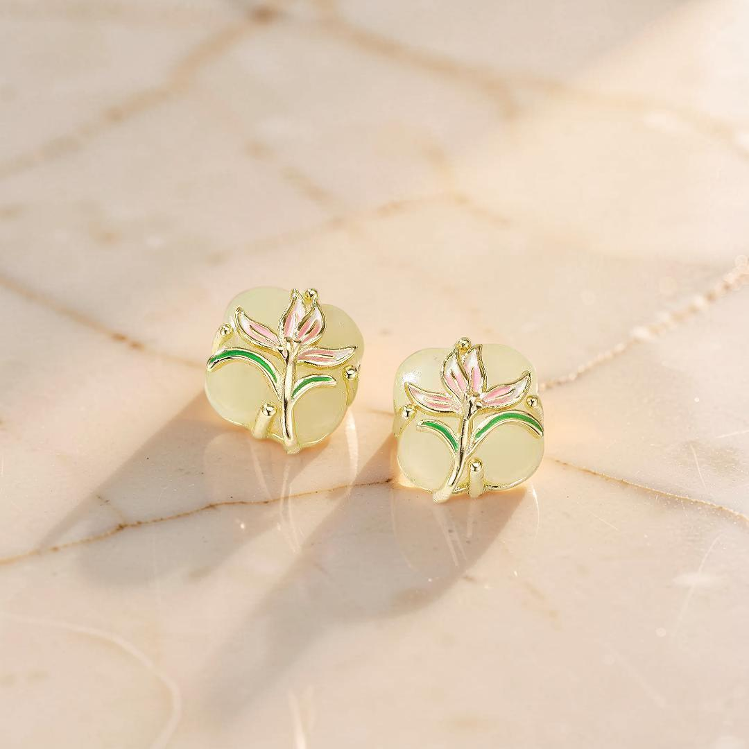 Boucles d’oreilles Jade – Lumière Botanique, Argent Plaqué Or