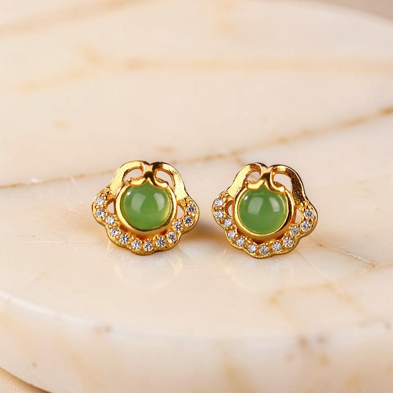 Boucles d'Oreilles Jade – Nuage de Bonheur, Argent Plaqué Or