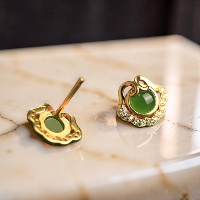 Boucles d'Oreilles Jade – Nuage de Bonheur, Argent Plaqué Or