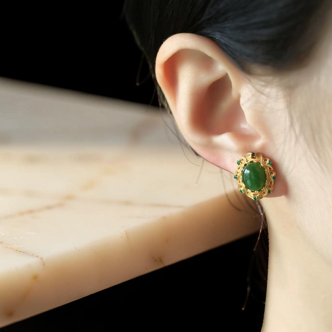 Boucles d'Oreilles Jade – Nuage de Félicité, Argent Plaqué Or