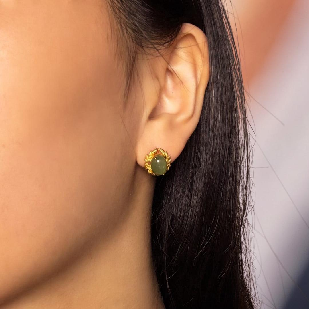 Boucles d'Oreilles Jade – Reine de Jade, Argent Plaqué Or