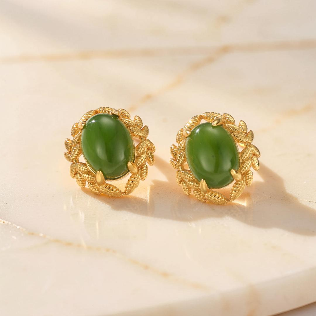 Boucles d'Oreilles Jade – Reine de Jade, Argent Plaqué Or