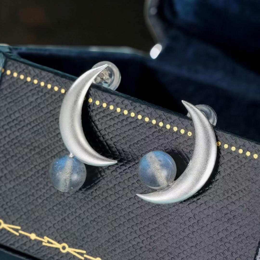 Boucles d'Oreilles Labradorite – Croissant Enchanté, Argent