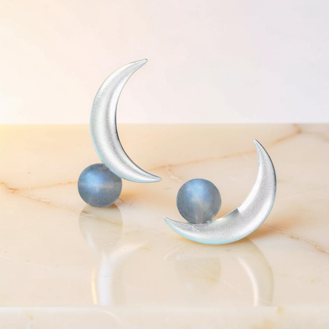 Boucles d'Oreilles Labradorite – Croissant Enchanté, Argent
